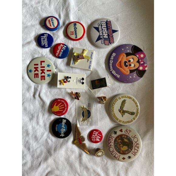 Vintage Pin & Button Collection Set Featuring Political Travel & Nostalgia Theme - Picture 1 of 11